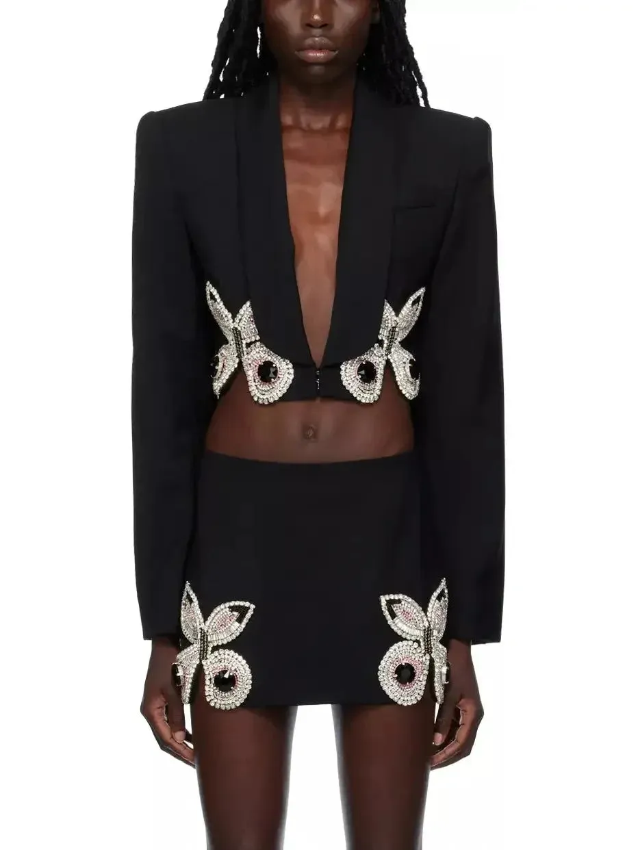 Butterfly-Embroidered Cropped Blazer and Mini Skirt Set in Black