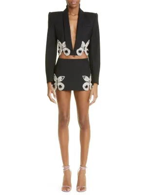 Butterfly-Embroidered Cropped Blazer and Mini Skirt Set in Black