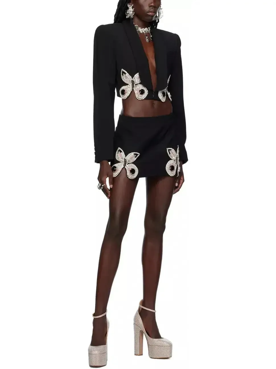 Butterfly-Embroidered Cropped Blazer and Mini Skirt Set in Black