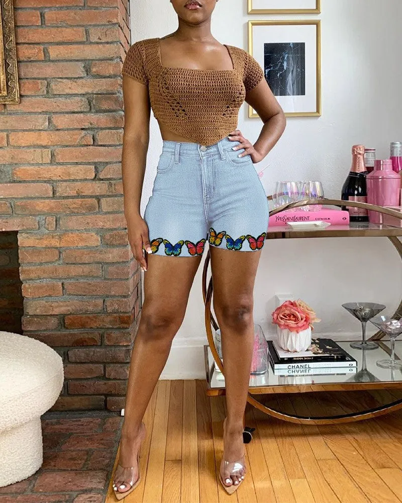 Butterfly Embroidery Zipper Fly Denim Shorts