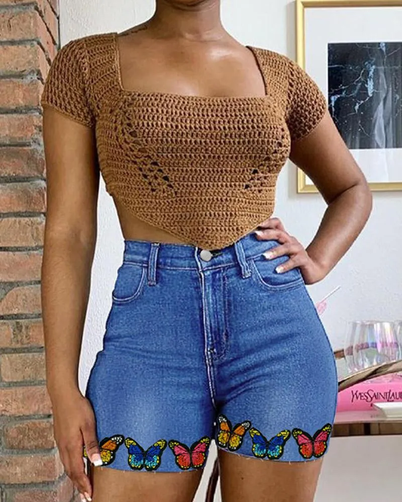 Butterfly Embroidery Zipper Fly Denim Shorts