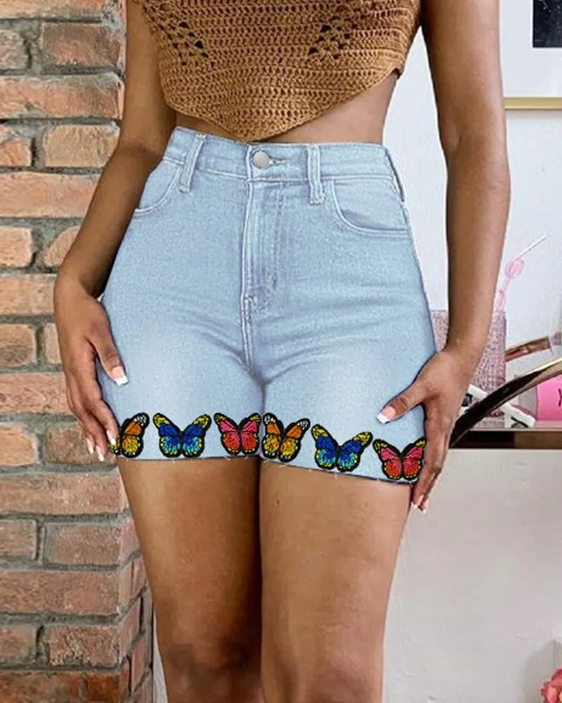 Butterfly Embroidery Zipper Fly Denim Shorts