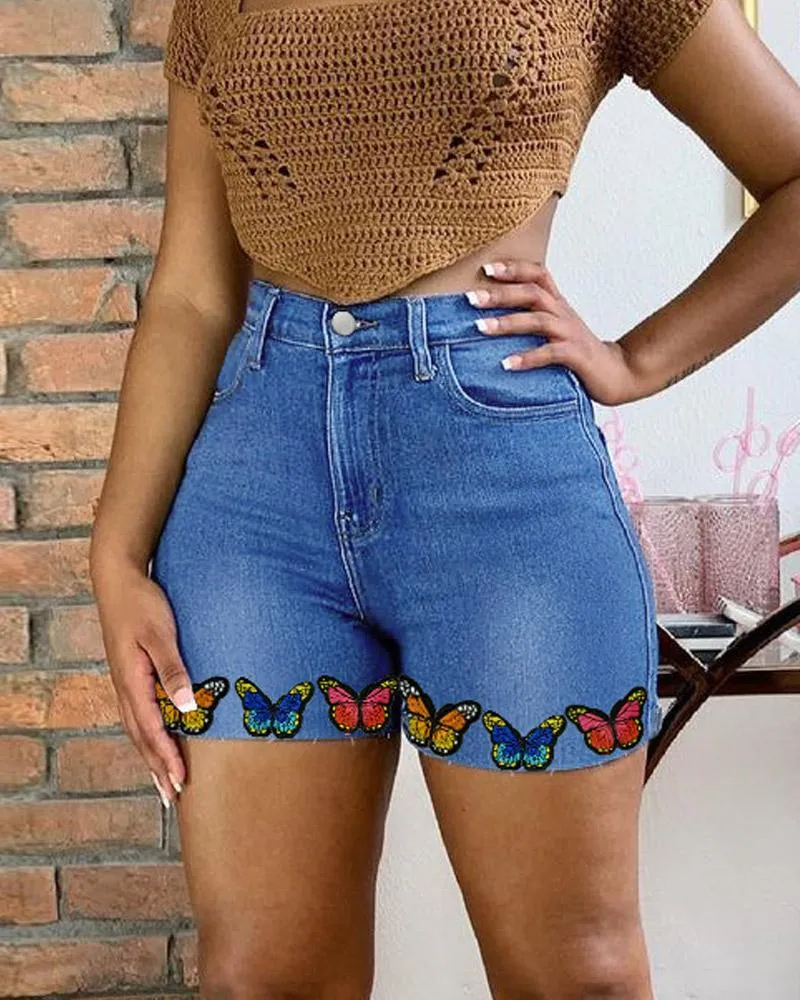 Butterfly Embroidery Zipper Fly Denim Shorts