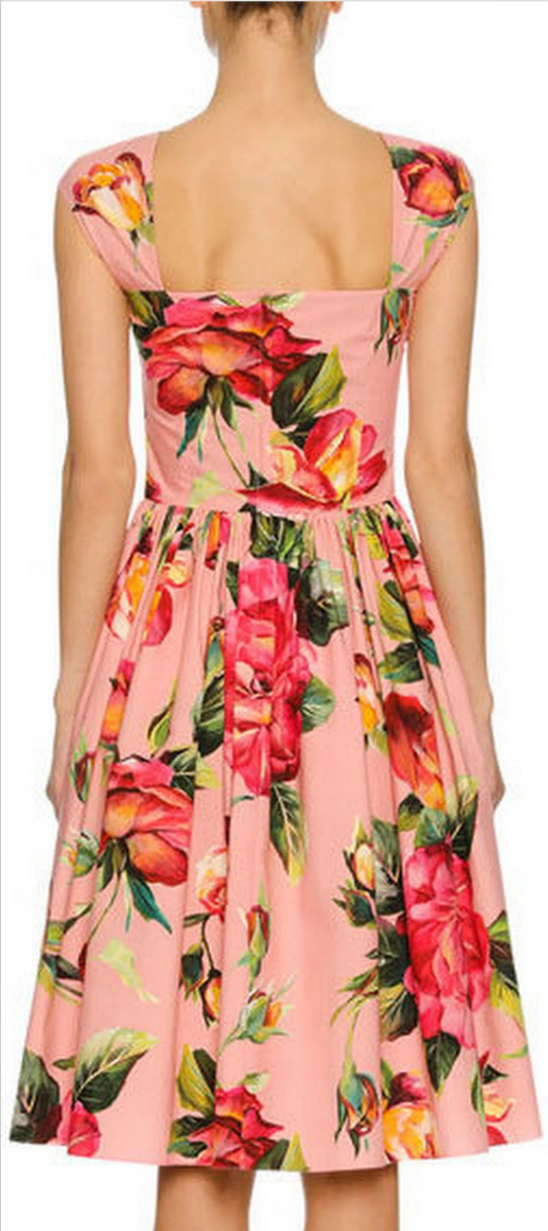 Cap-Sleeve Floral-Print Poplin Dress, Pink Pattern