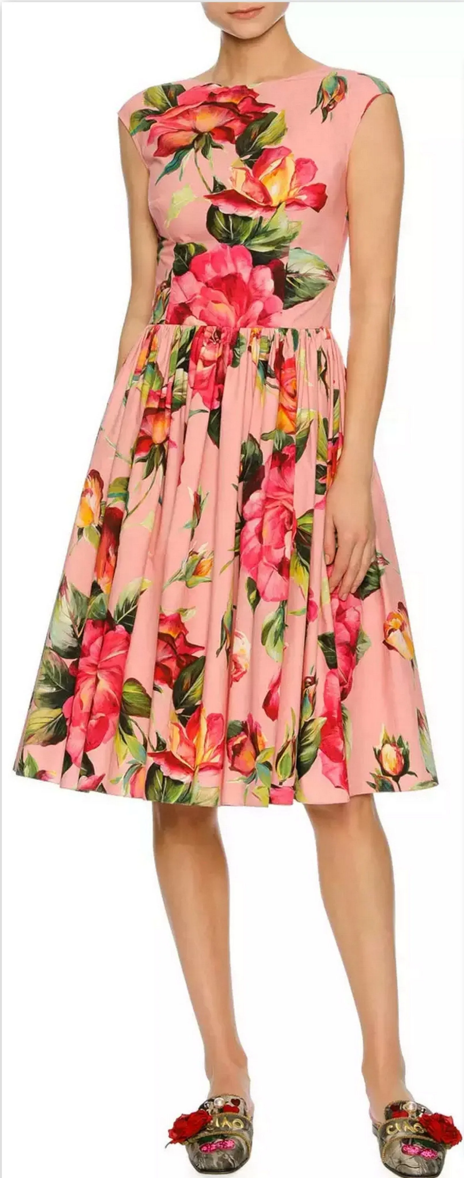 Cap-Sleeve Floral-Print Poplin Dress, Pink Pattern