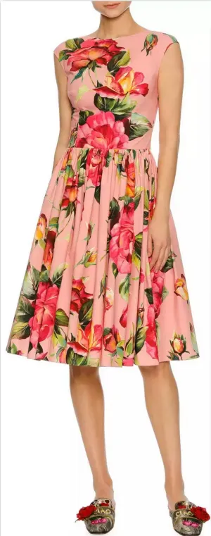 Cap-Sleeve Floral-Print Poplin Dress, Pink Pattern
