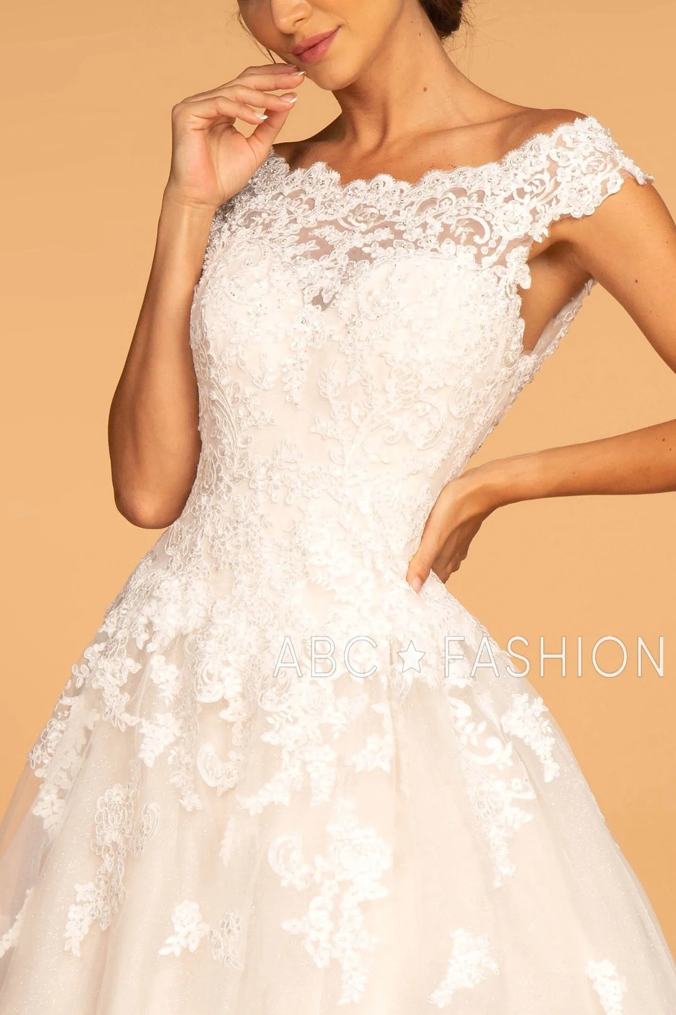 Cap Sleeve Wedding Dress with Lace Appliques by Elizabeth K GL2596