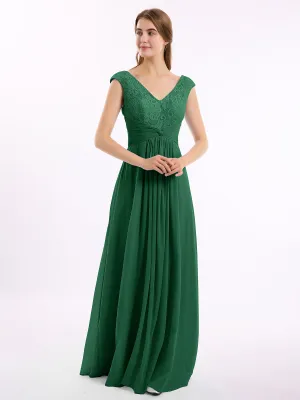 Cap Sleeves Chiffon and Lace Dress with V NECK Dark Green