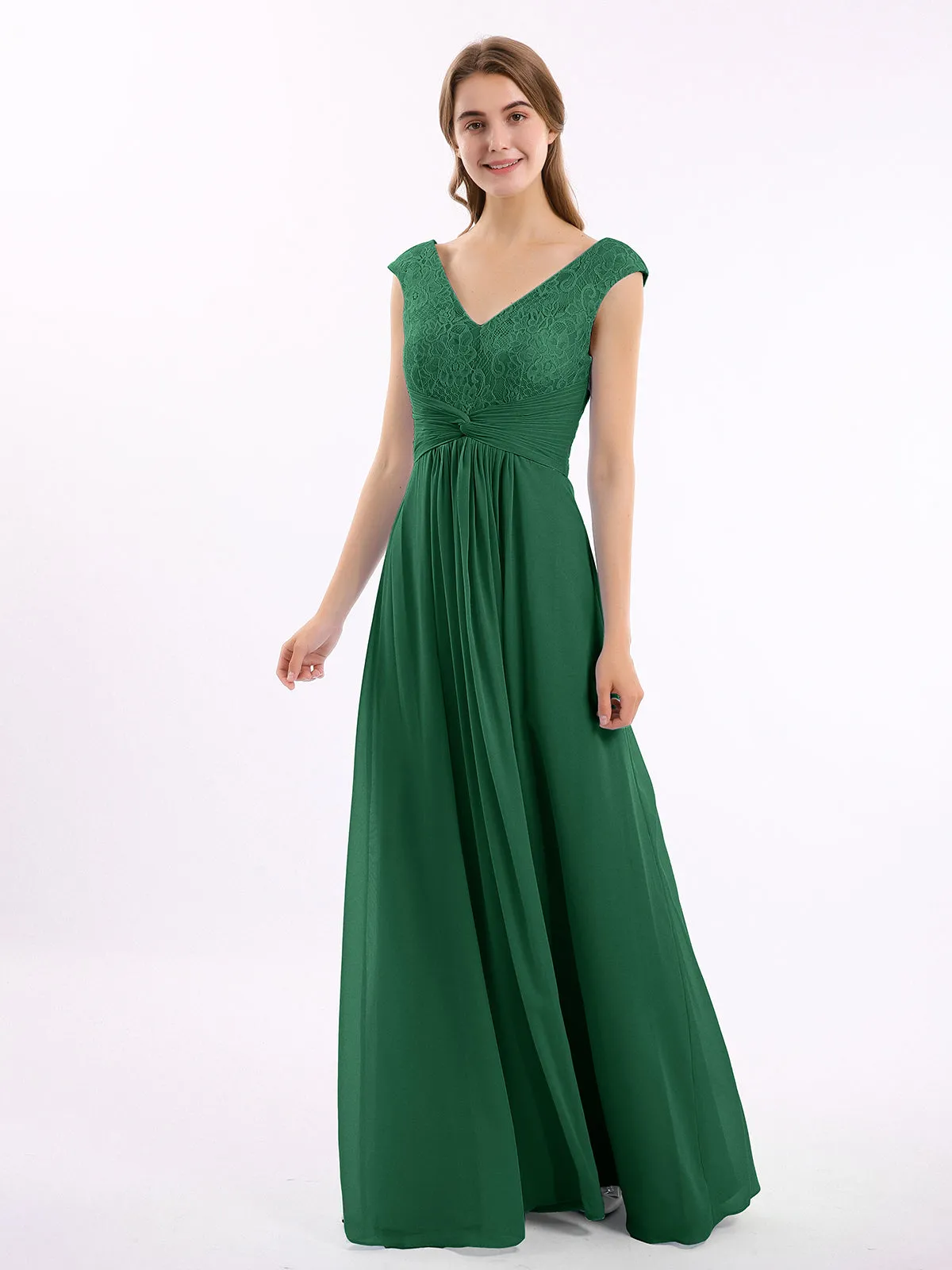 Cap Sleeves Chiffon and Lace Dress with V NECK Dark Green