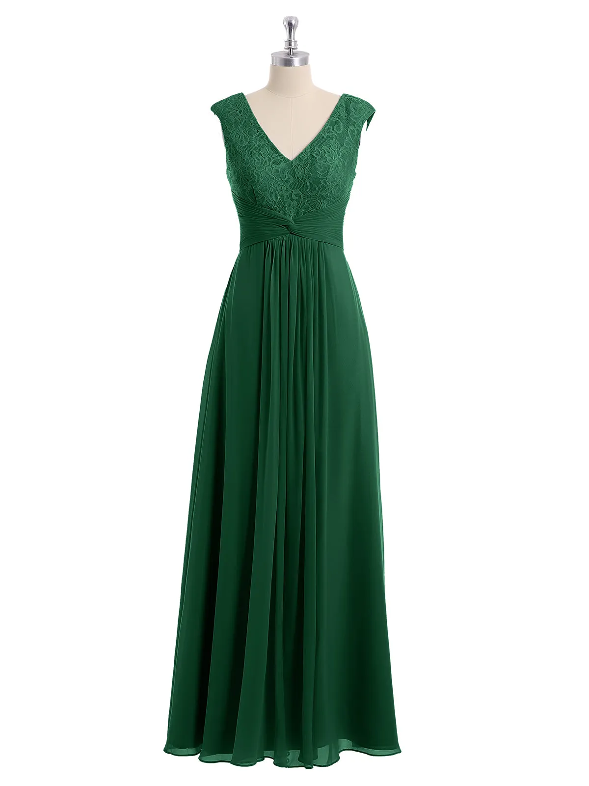 Cap Sleeves Chiffon and Lace Dress with V NECK Dark Green