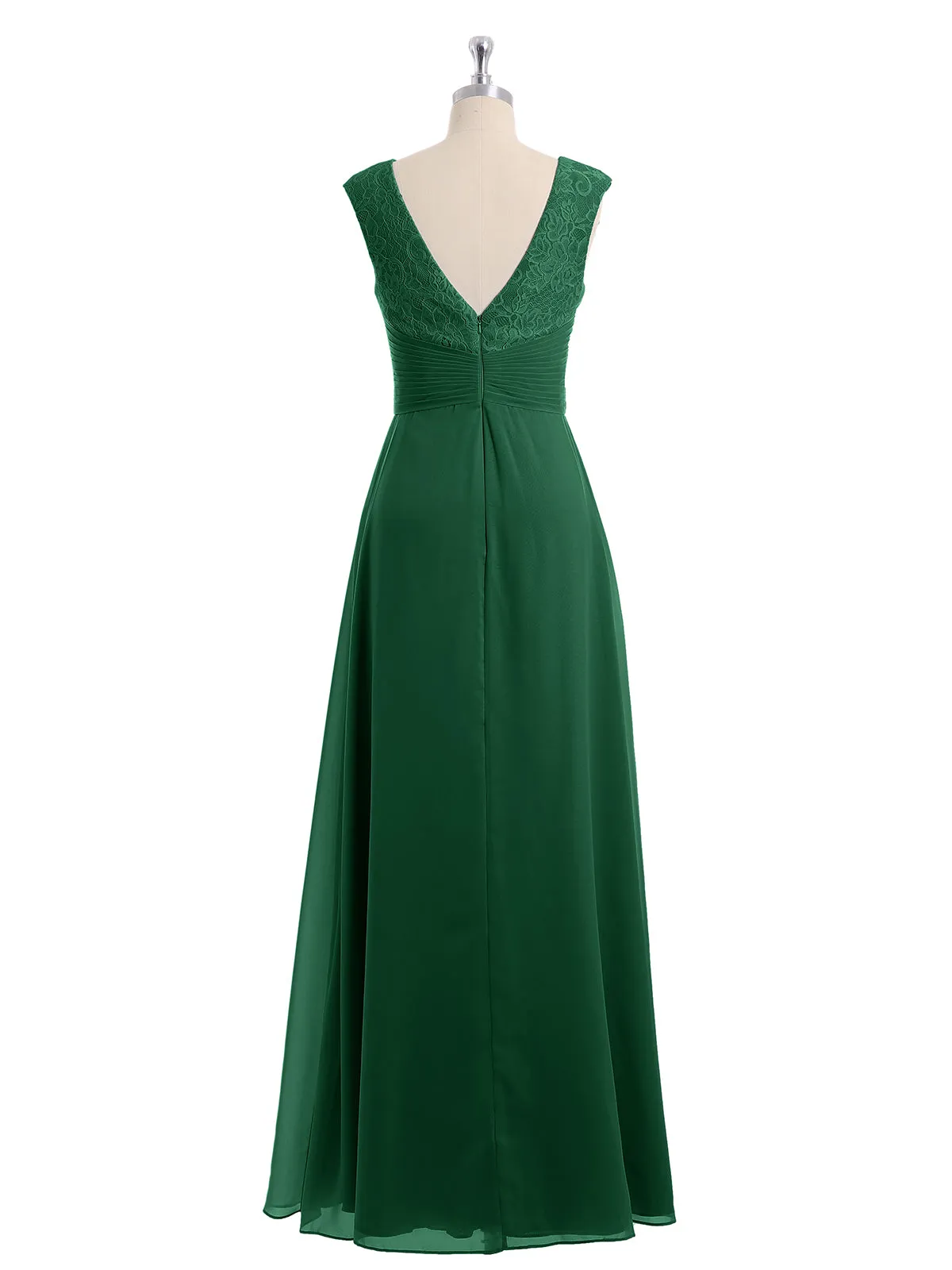 Cap Sleeves Chiffon and Lace Dress with V NECK Dark Green