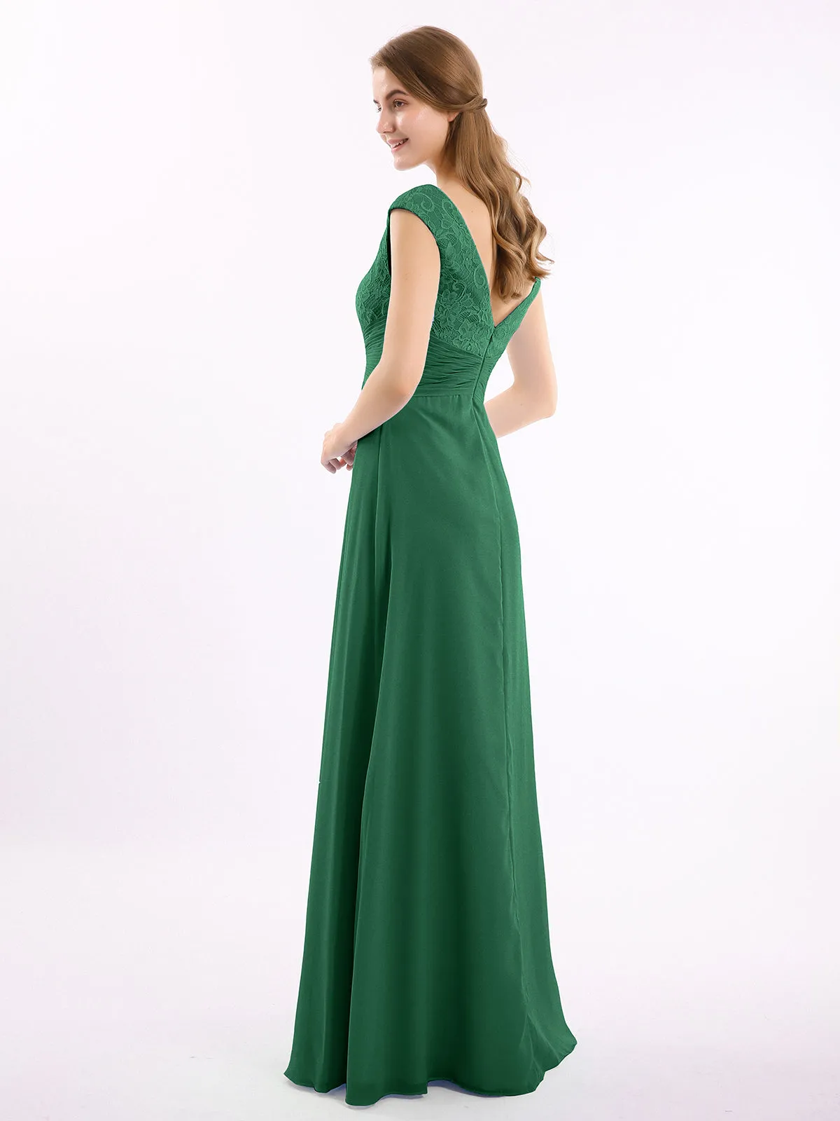 Cap Sleeves Chiffon and Lace Dress with V NECK Dark Green