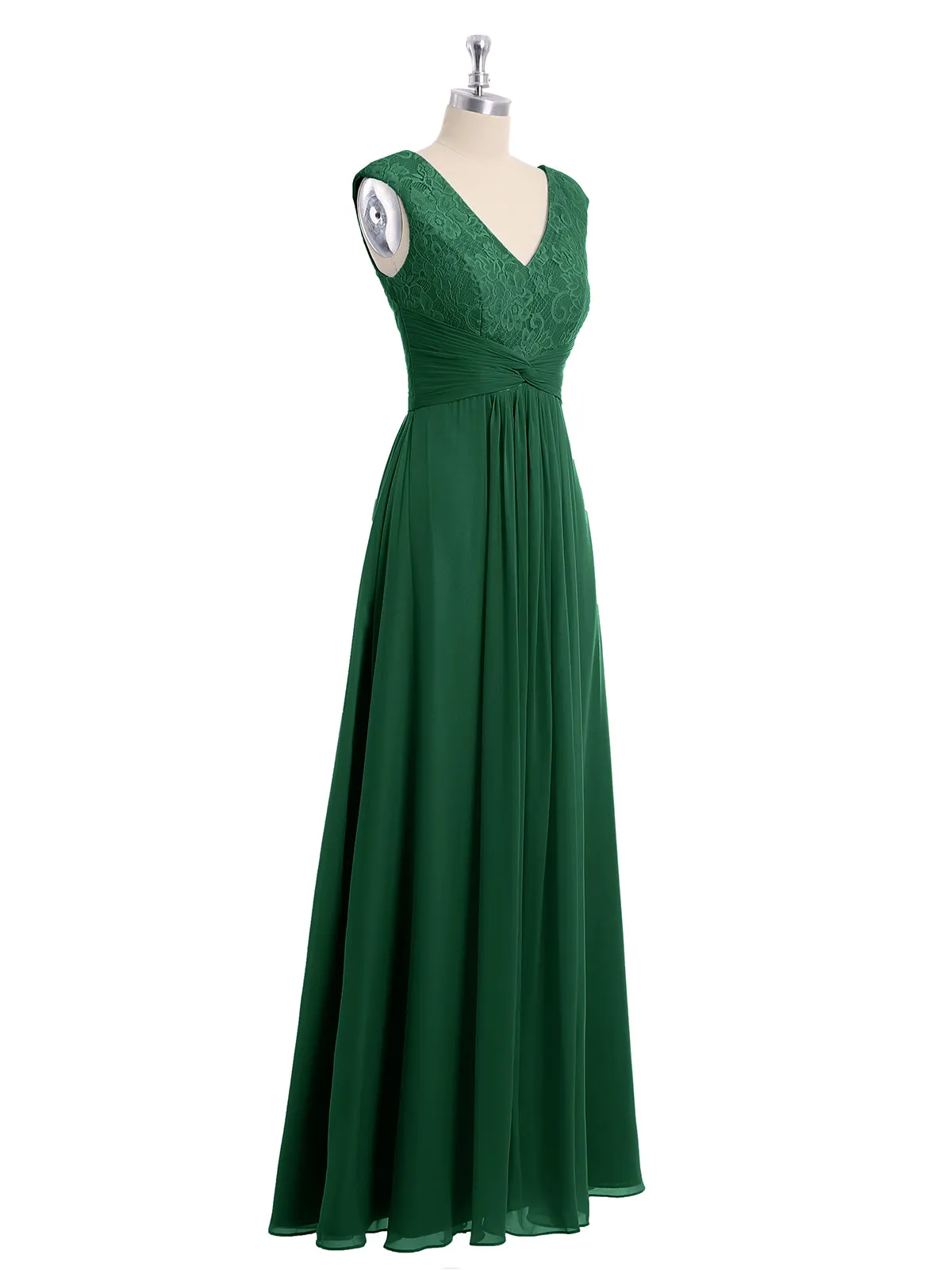 Cap Sleeves Chiffon and Lace Dress with V NECK Dark Green