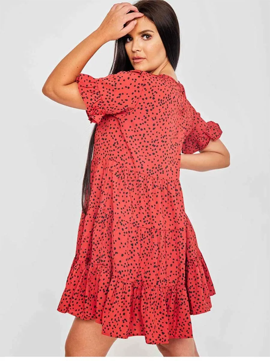 Cherina Spot Print Frill Tiered Smock Dress In Red