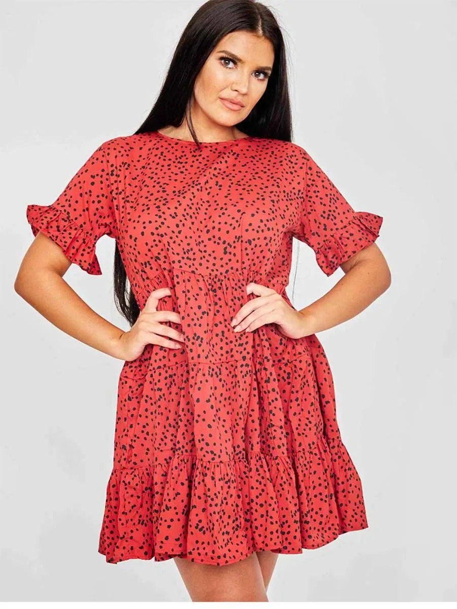 Cherina Spot Print Frill Tiered Smock Dress In Red