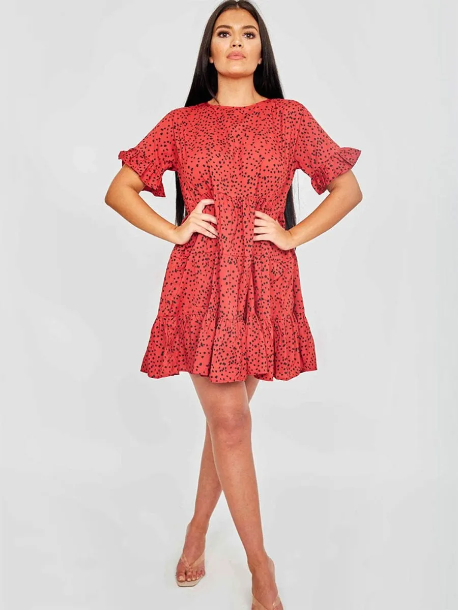 Cherina Spot Print Frill Tiered Smock Dress In Red