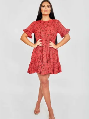 Cherina Spot Print Frill Tiered Smock Dress In Red