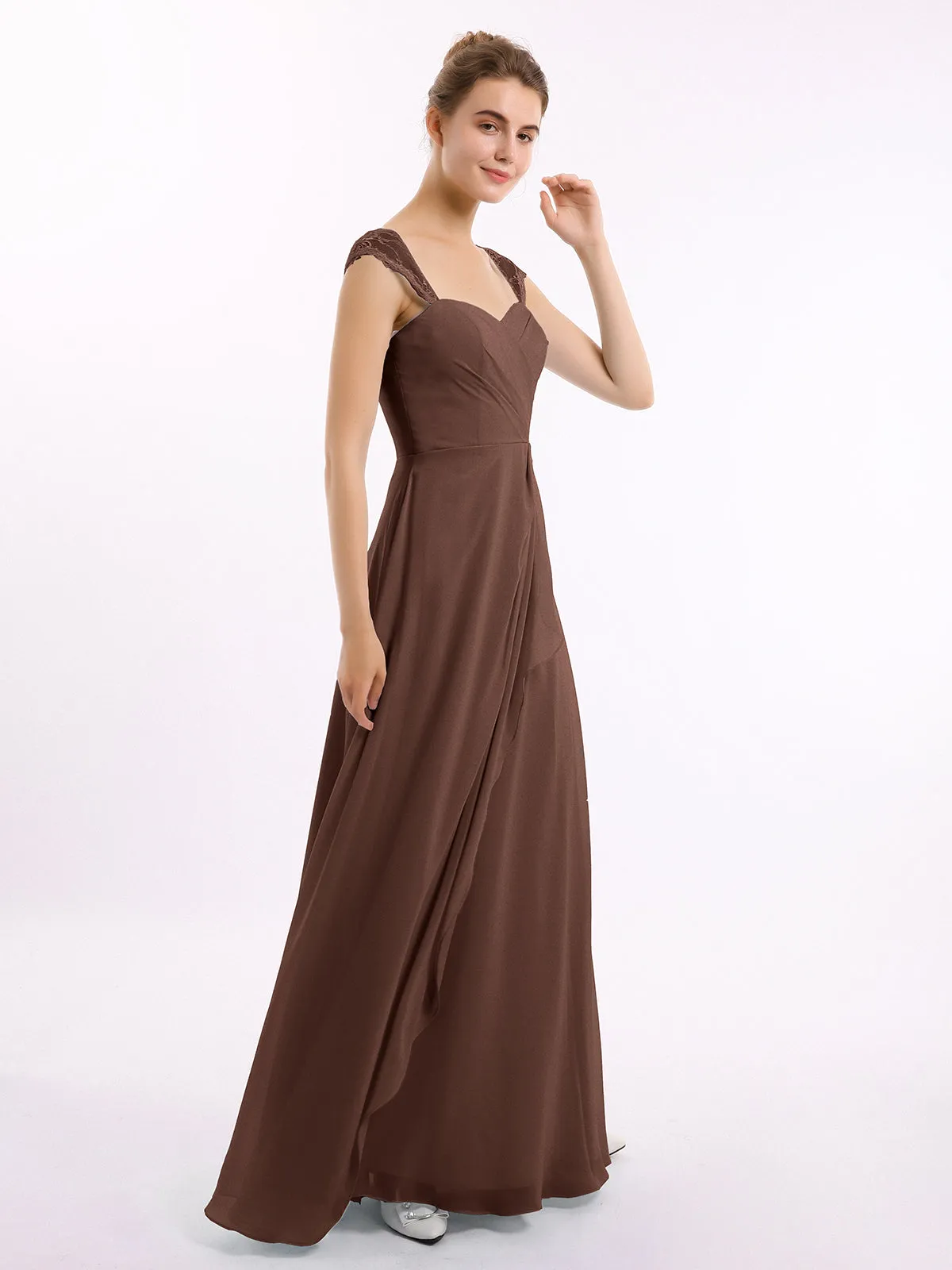 Chiffon Bridesmaid Dresses with Lace Cap Sleeves-Chocolate Plus Size