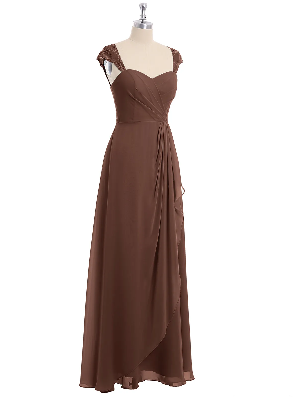 Chiffon Bridesmaid Dresses with Lace Cap Sleeves-Chocolate Plus Size