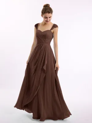 Chiffon Bridesmaid Dresses with Lace Cap Sleeves-Chocolate Plus Size