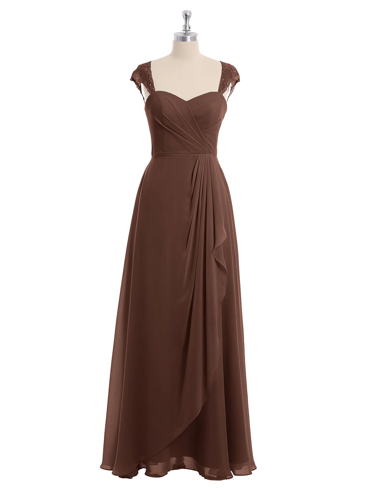 Chiffon Bridesmaid Dresses with Lace Cap Sleeves-Chocolate Plus Size