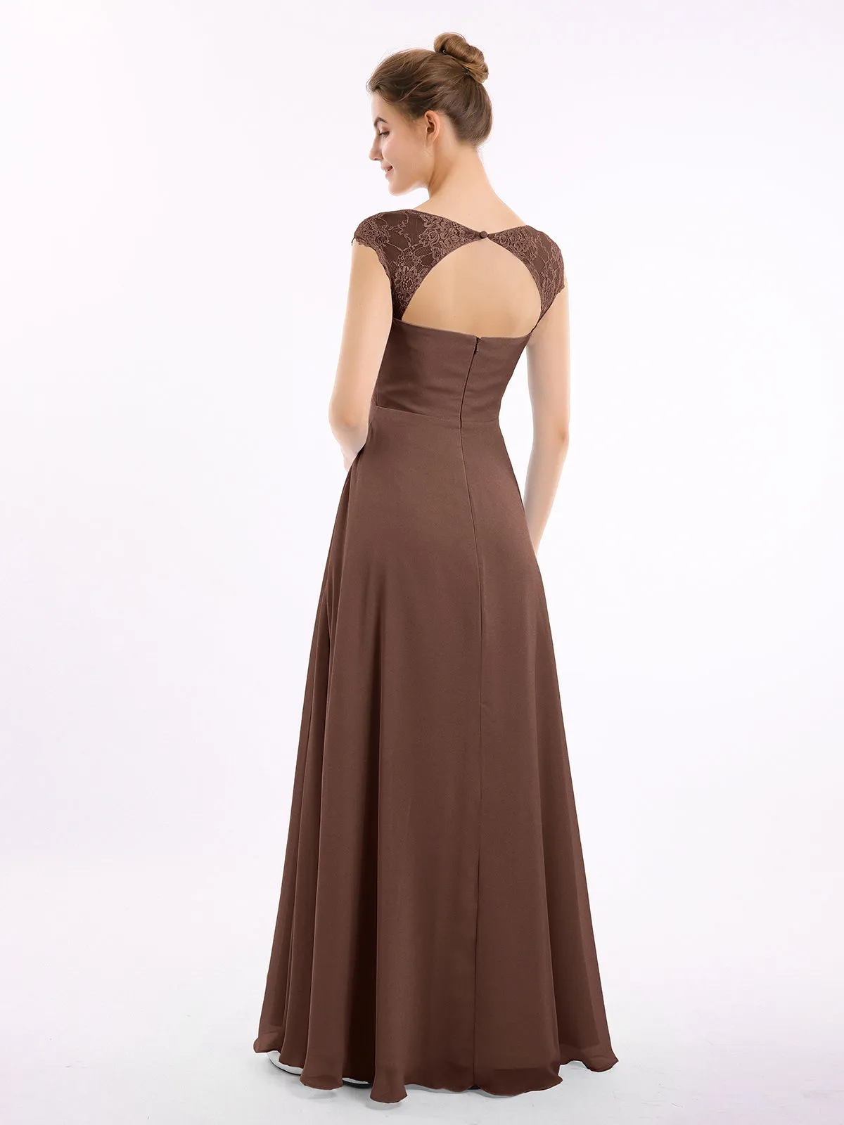 Chiffon Bridesmaid Dresses with Lace Cap Sleeves-Chocolate Plus Size