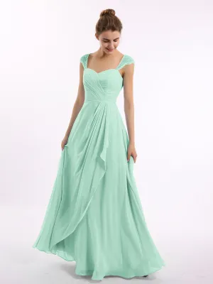 Chiffon Bridesmaid Dresses with Lace Cap Sleeves-Mint Green