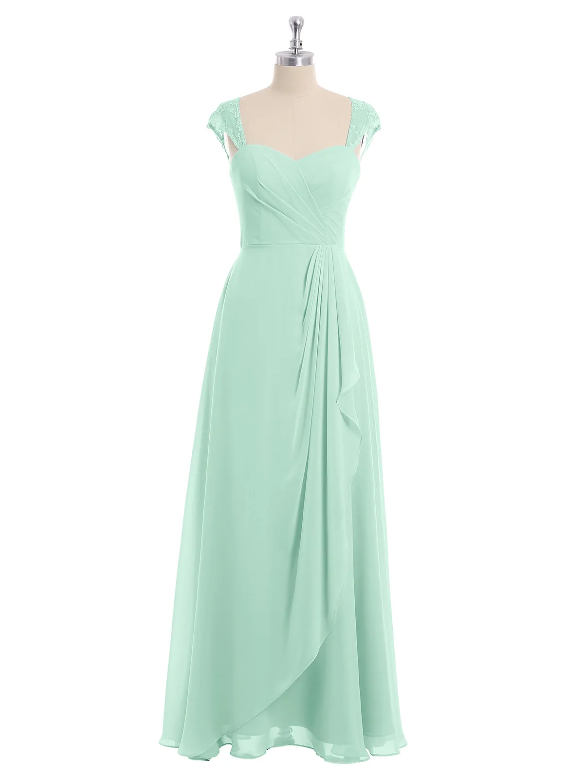 Chiffon Bridesmaid Dresses with Lace Cap Sleeves-Mint Green