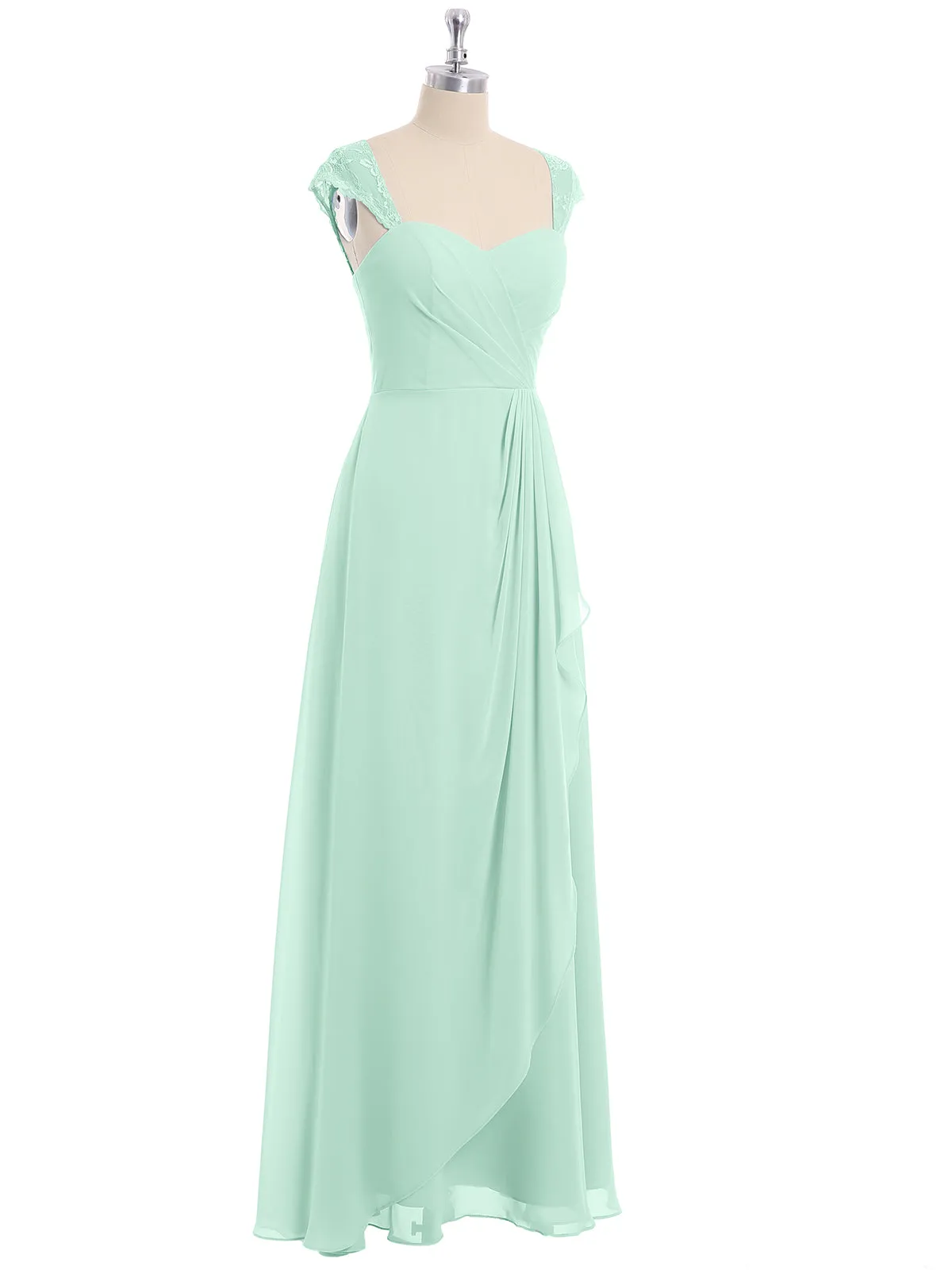 Chiffon Bridesmaid Dresses with Lace Cap Sleeves-Mint Green