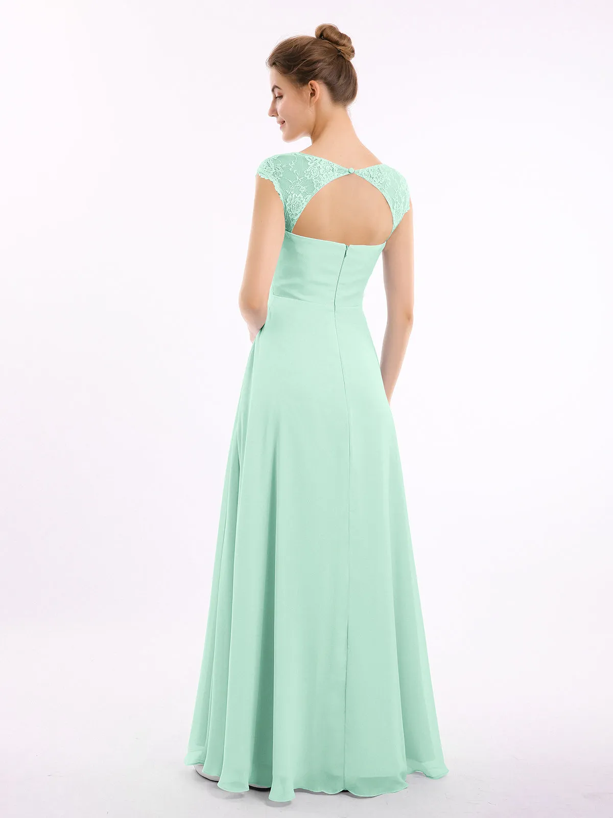Chiffon Bridesmaid Dresses with Lace Cap Sleeves-Mint Green