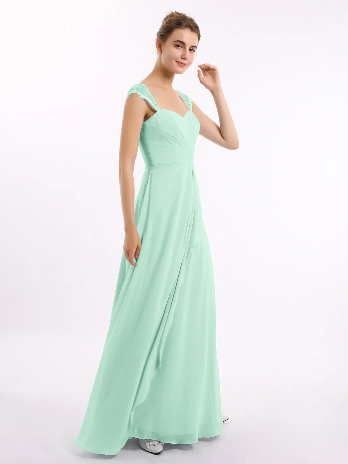 Chiffon Bridesmaid Dresses with Lace Cap Sleeves-Mint Green