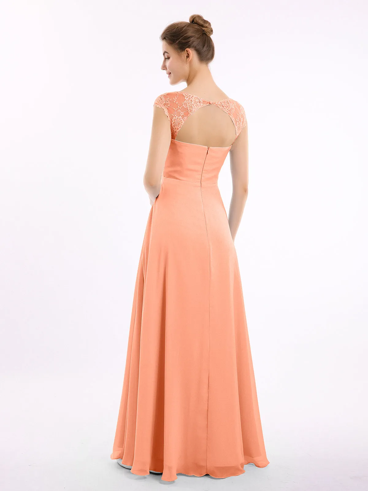 Chiffon Bridesmaid Dresses with Lace Cap Sleeves-Papaya Plus Size