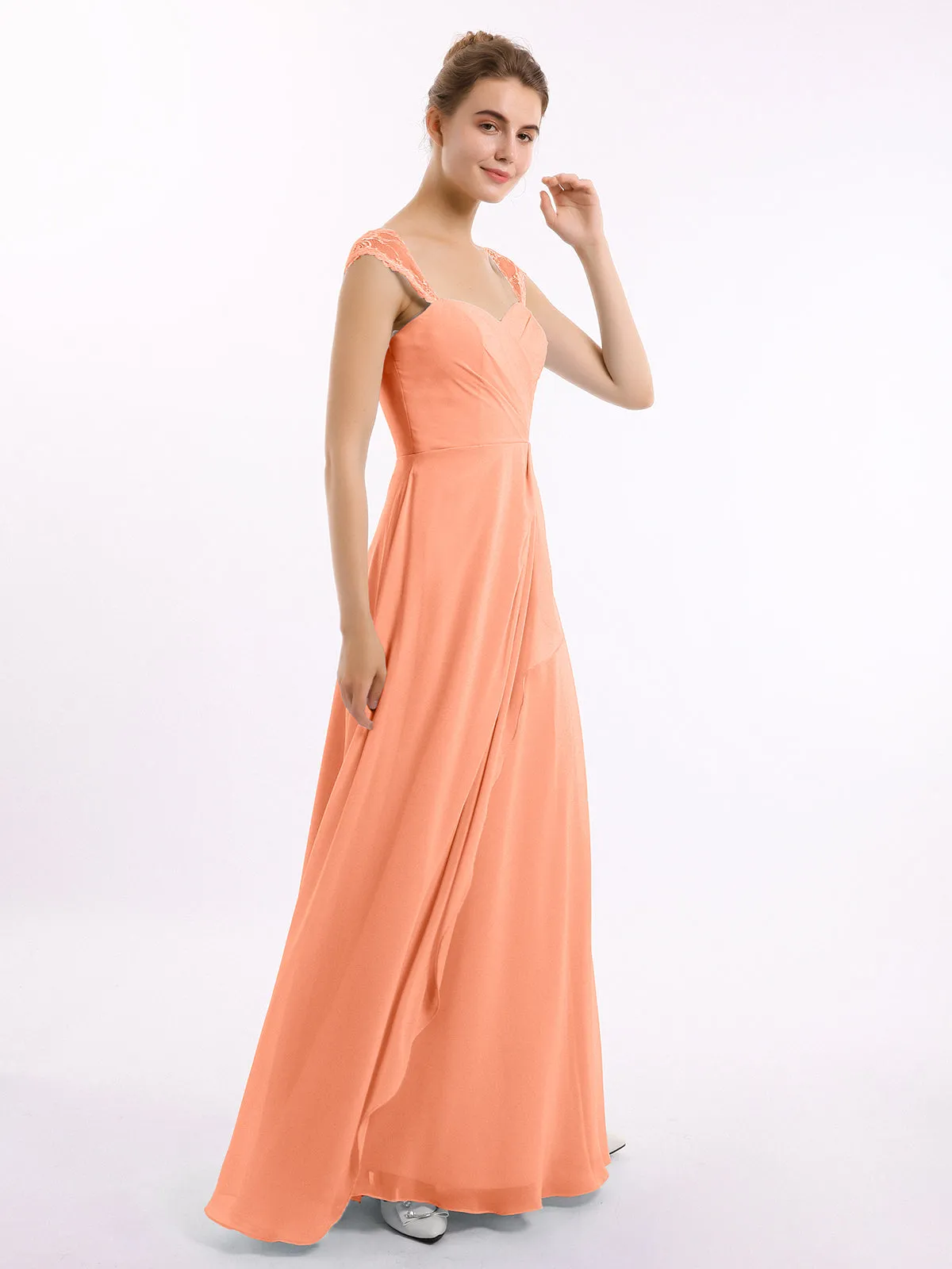 Chiffon Bridesmaid Dresses with Lace Cap Sleeves-Papaya Plus Size