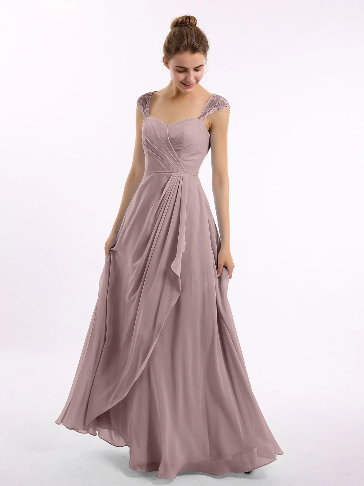 Chiffon Bridesmaid Dresses with Lace Cap Sleeves-Vintage Mauve Plus Size