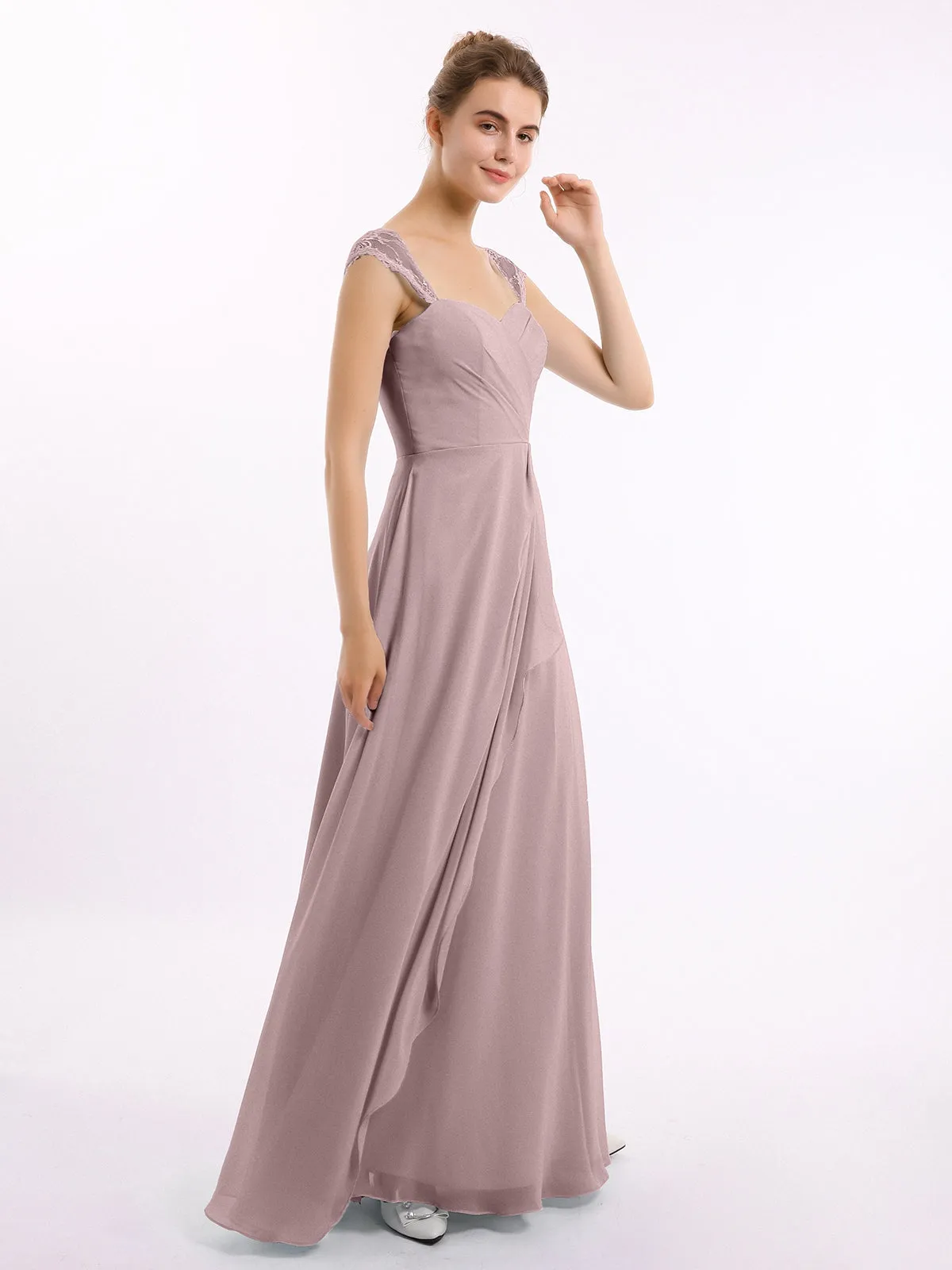 Chiffon Bridesmaid Dresses with Lace Cap Sleeves-Vintage Mauve Plus Size