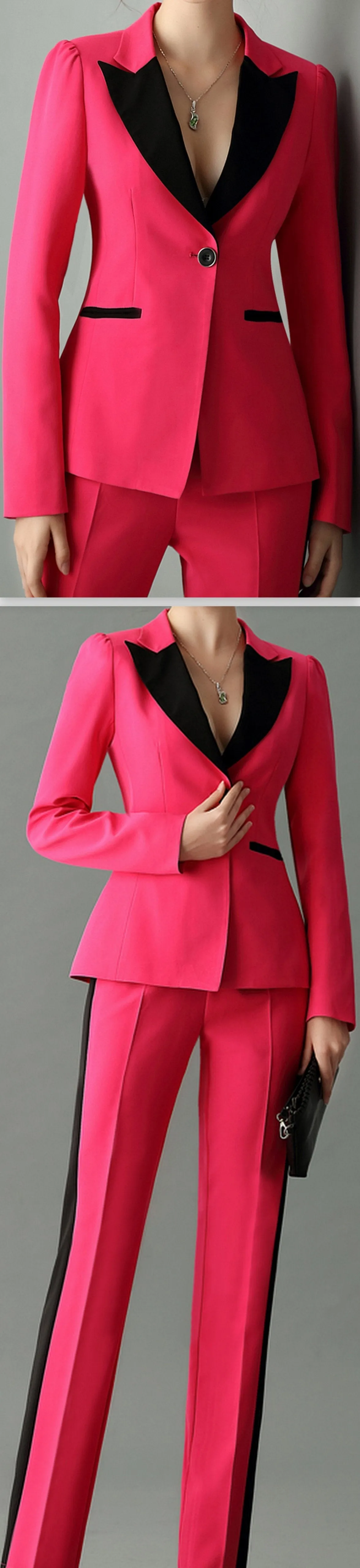 Color-Contrast Suit-Blazer-Jacket & Pant Set