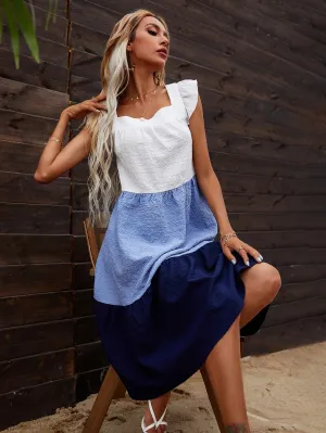 Colorblock Ruffle Hem Cap Sleeve Square Neck Flounce High Waist Midi Dress