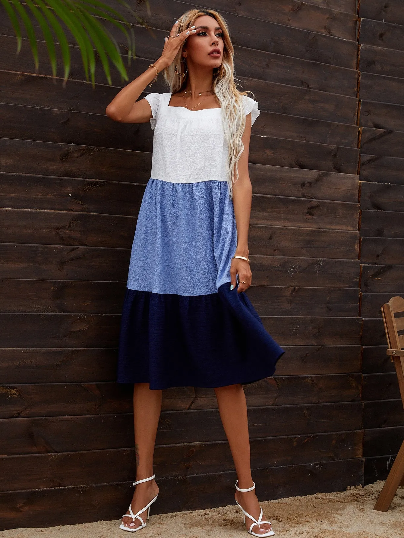 Colorblock Ruffle Hem Cap Sleeve Square Neck Flounce High Waist Midi Dress