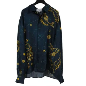 Constelation Stars Button Down Shirt Size Large Blue Gold Silk