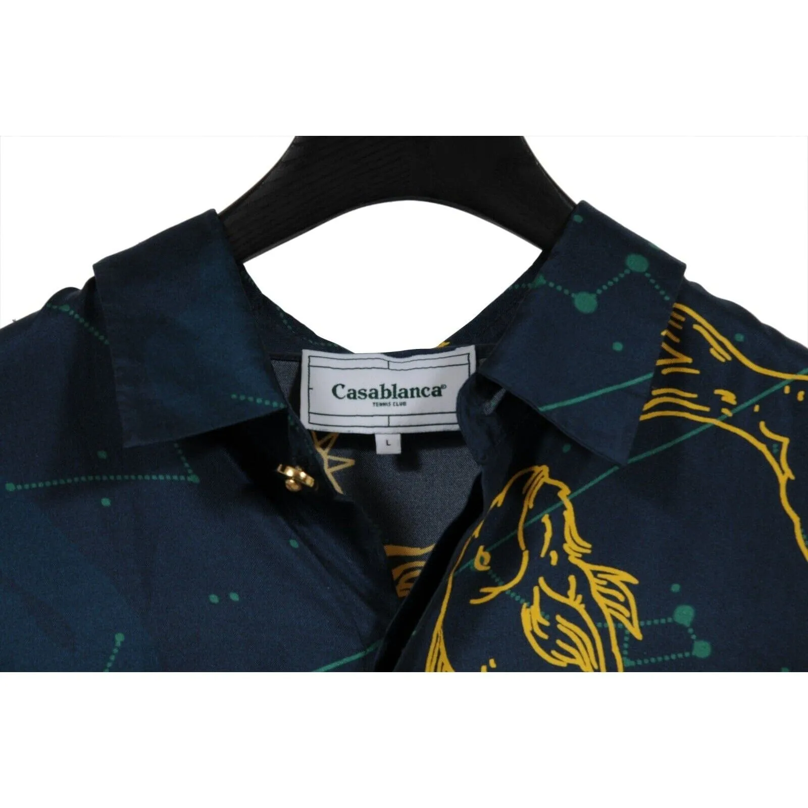 Constelation Stars Button Down Shirt Size Large Blue Gold Silk