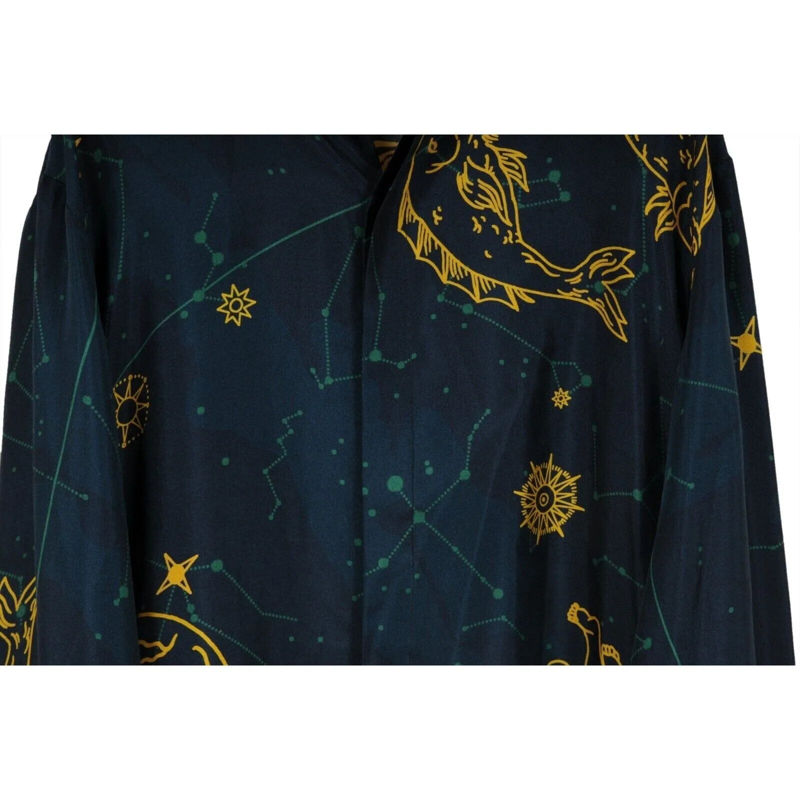 Constelation Stars Button Down Shirt Size Large Blue Gold Silk