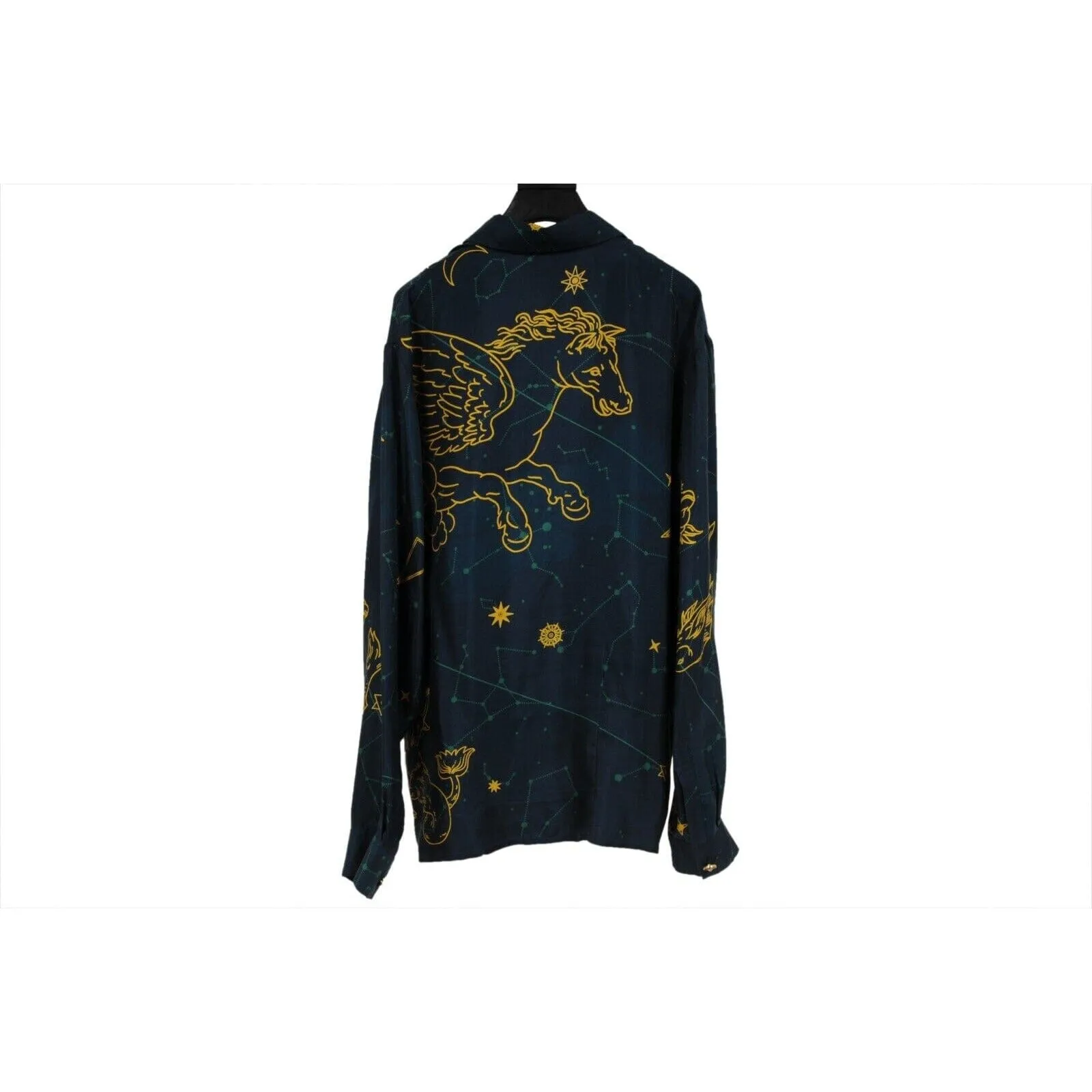 Constelation Stars Button Down Shirt Size Large Blue Gold Silk