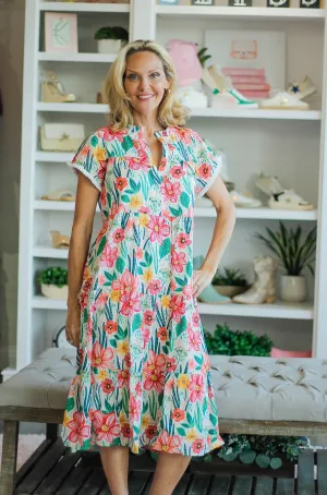 Cream Short Flower Print Tiered Midi Dress