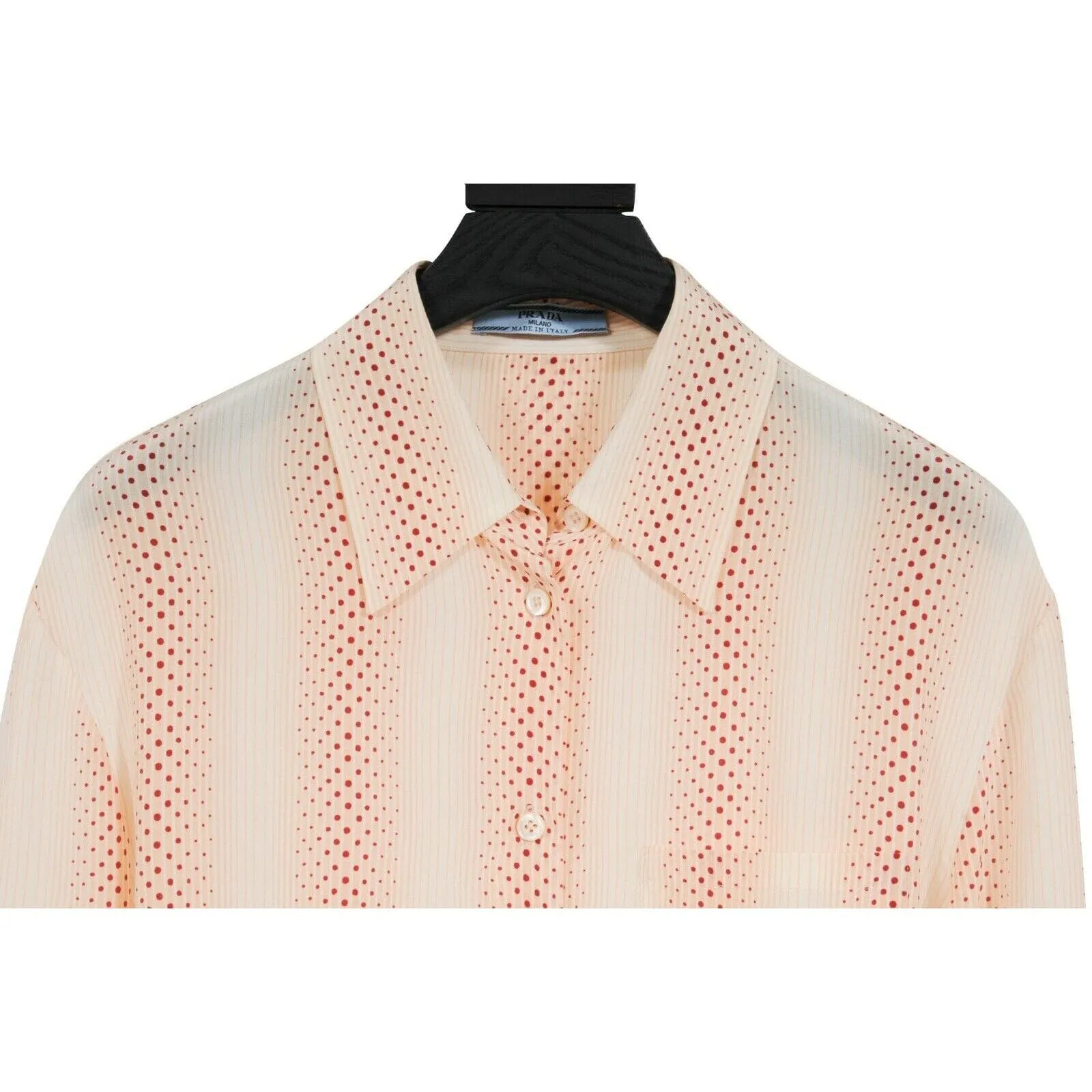 Cream Tan Red Orange Polka Dot Stripe Button Up Blouse