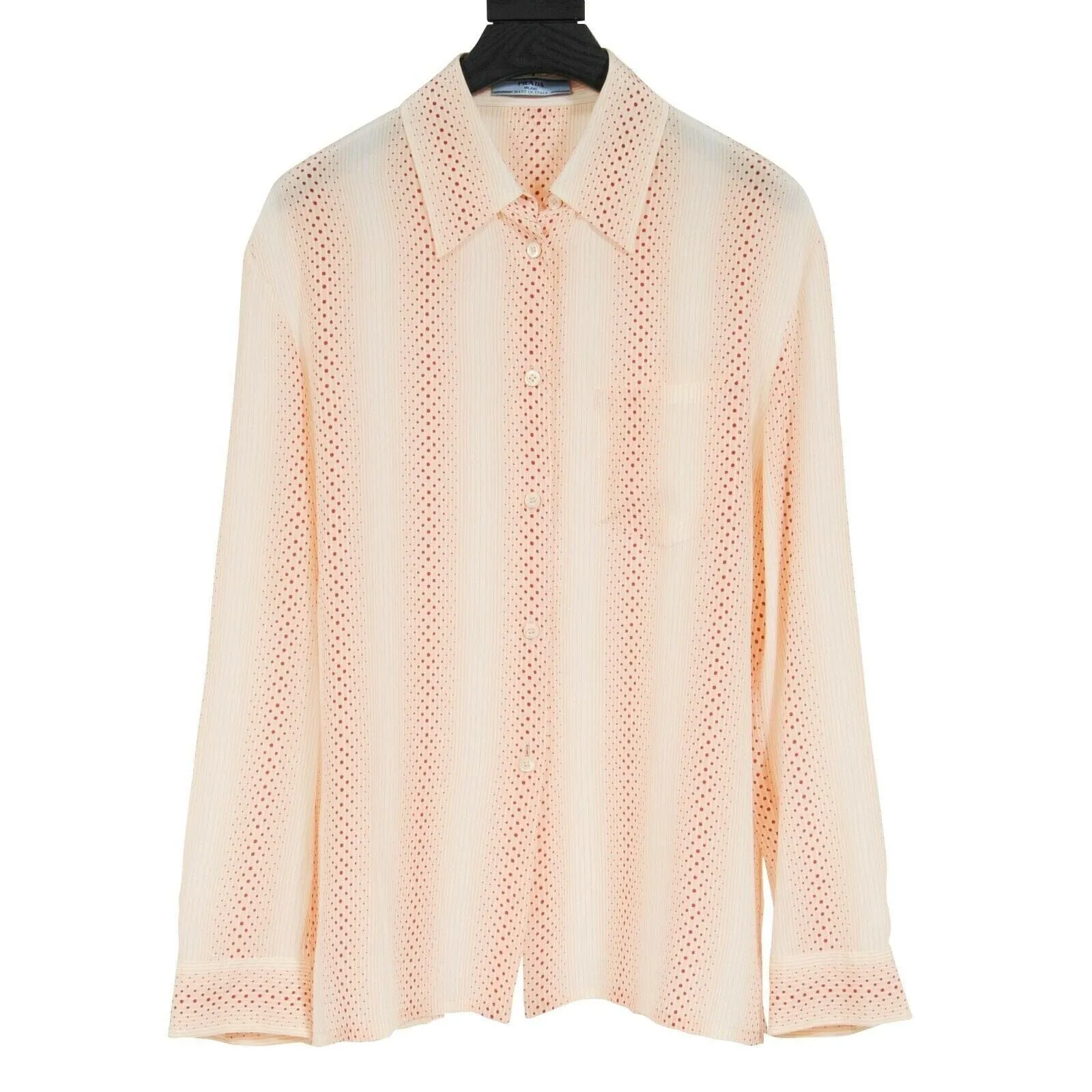 Cream Tan Red Orange Polka Dot Stripe Button Up Blouse