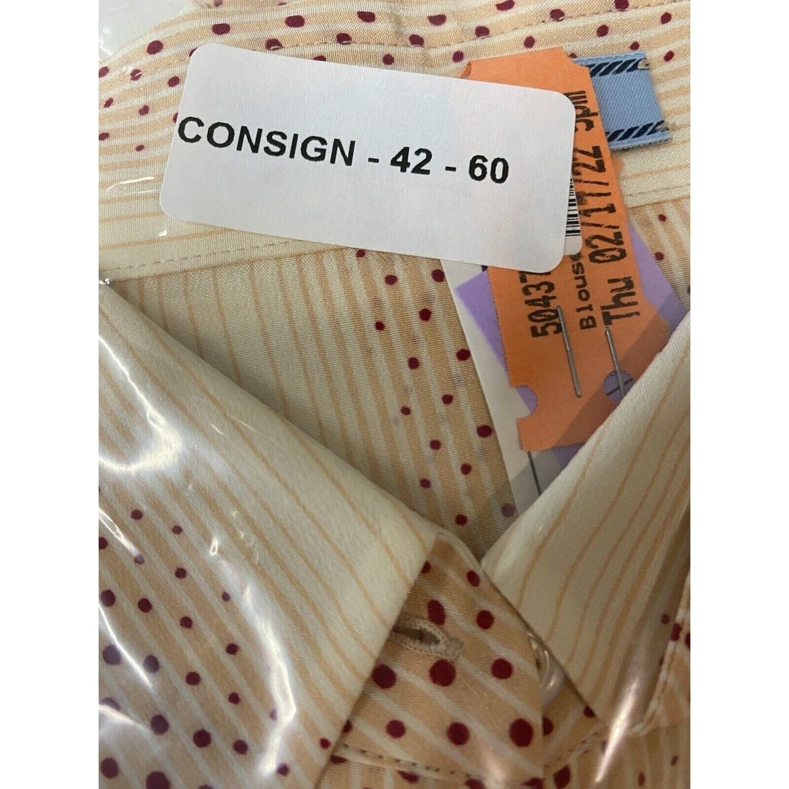 Cream Tan Red Orange Polka Dot Stripe Button Up Blouse