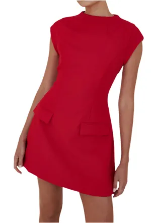 Crimson Charm Dress- Red Cap-Sleeve Waist-Cinching Dress
