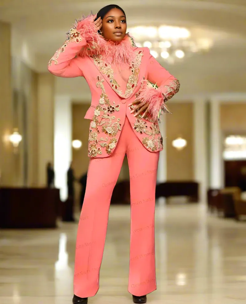 Custom Suits Pink Feather Women Suits Pant Set Crystal Blazer Trousers Wedding Tuxedo