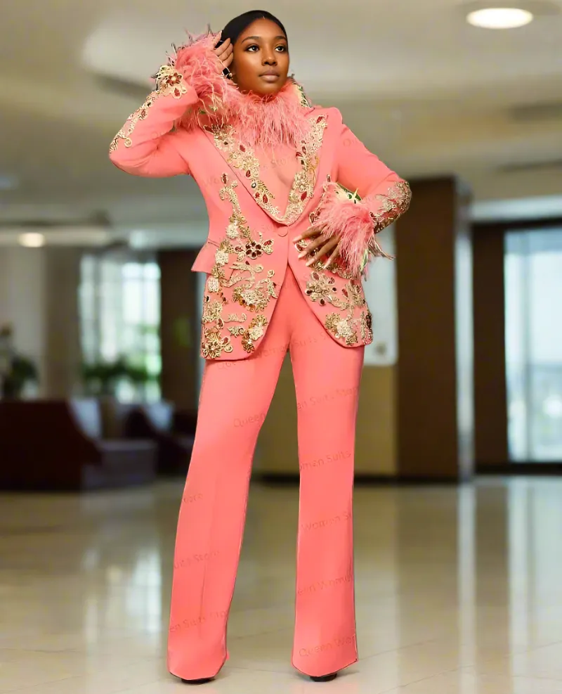 Custom Suits Pink Feather Women Suits Pant Set Crystal Blazer Trousers Wedding Tuxedo