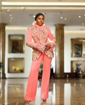 Custom Suits Pink Feather Women Suits Pant Set Crystal Blazer Trousers Wedding Tuxedo